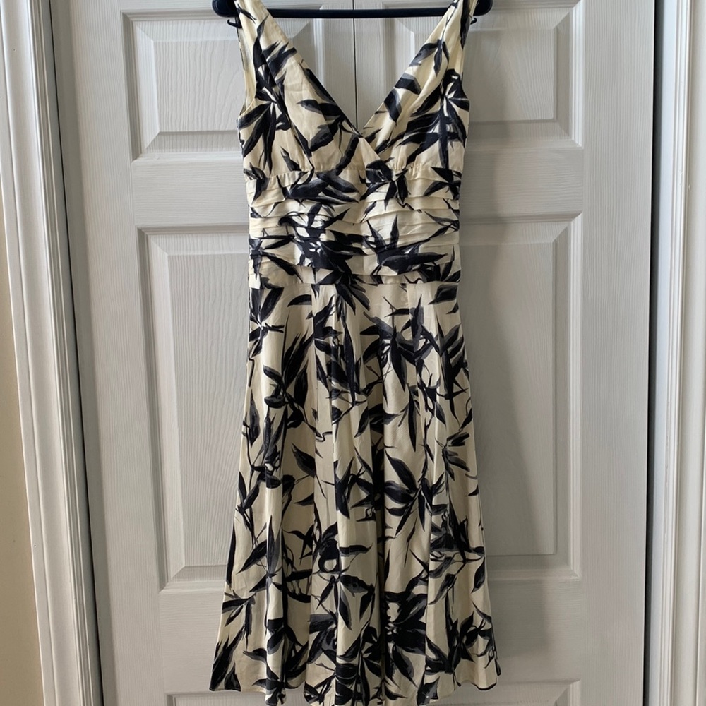Monsoon silk/cotton cream charcoal print full circle skirt  lined dress EUC